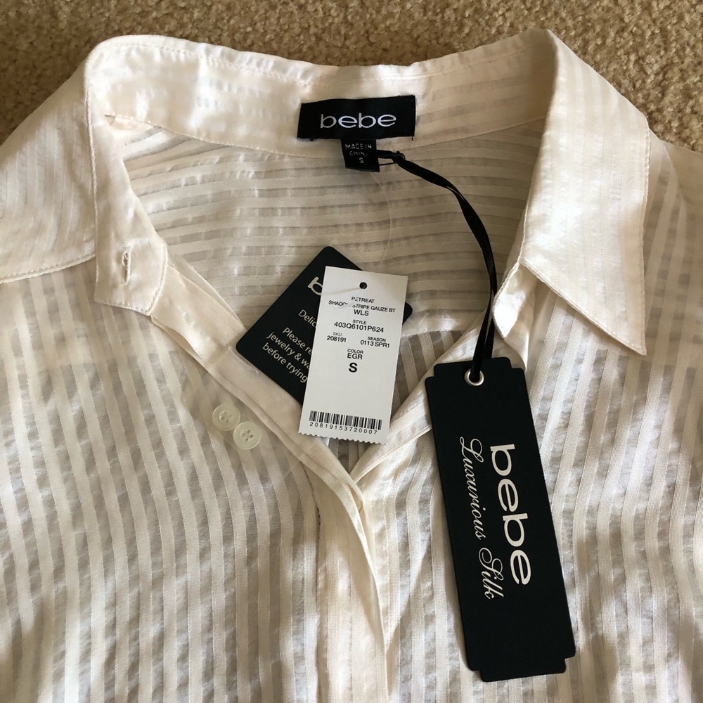 New with tags Bebe Cream Mulberry Silk Sheer Button Down Shirt Blouse